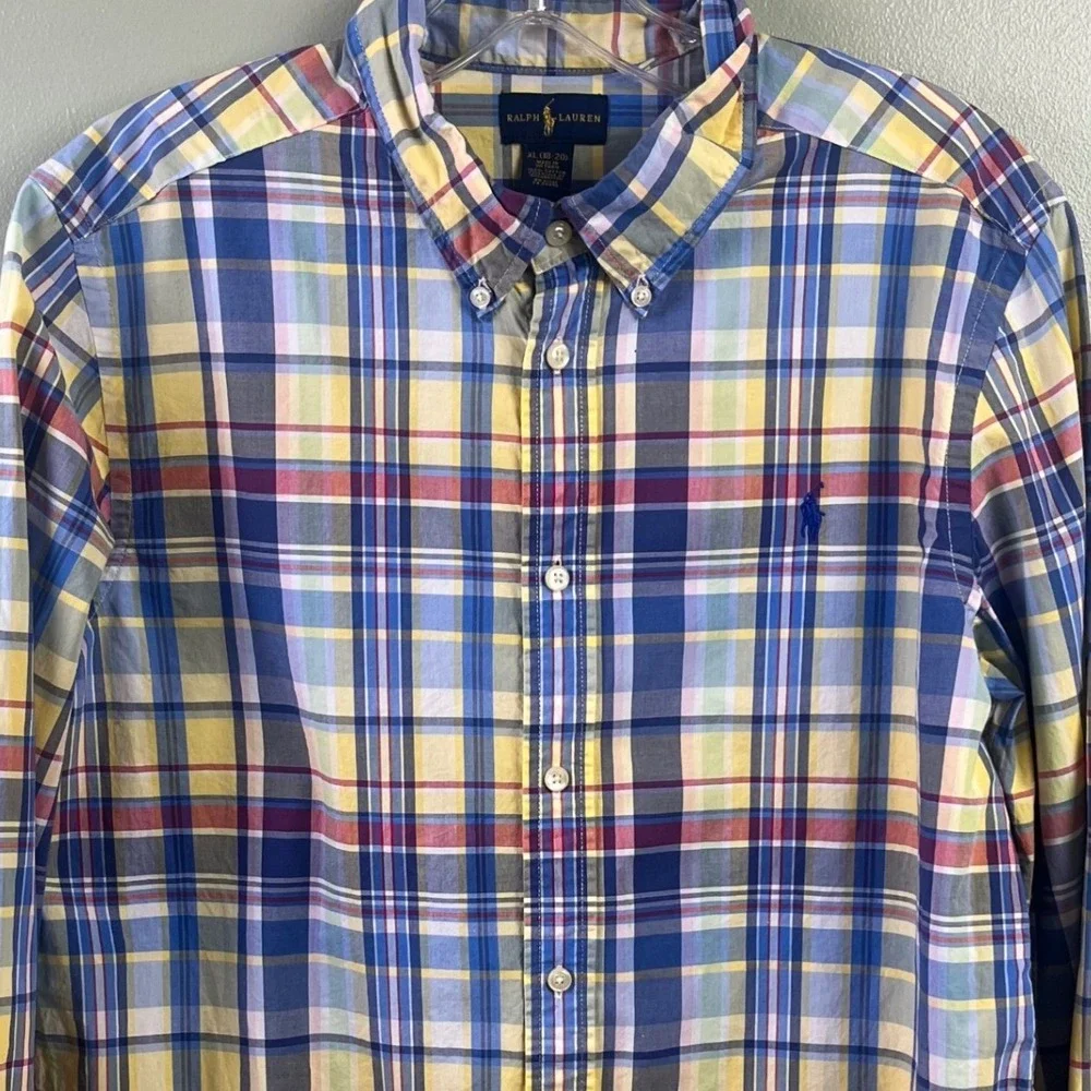 Ralph Lauren Blue Yellow Plaid Long Sleeve Shirt Preppy Cotton Youth XL‎ 18-20